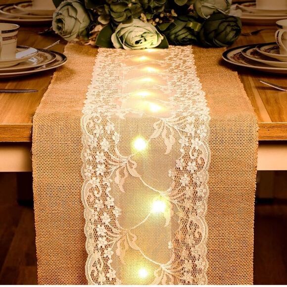 tinsel & fir Ivory Gold Embroidered Floral Winter Branches Lace Table Runner - Picture 9 of 11